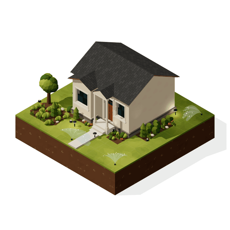 Basis illustration of a house with landscaping, outdoor lighting, and sprinklers.