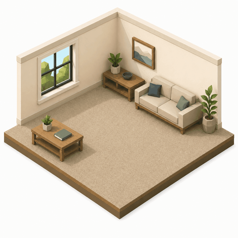 Basis illustration of a furnished living room with seating, a coffee table, and carpet.