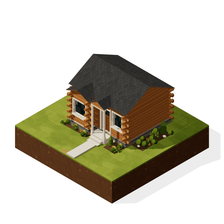 Basis illustration of a log cabin on a complete landscaped property tile.