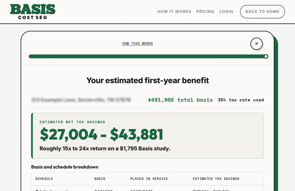 Basis estimate results on a desktop, showing an illustrative benefit range and schedule breakdown