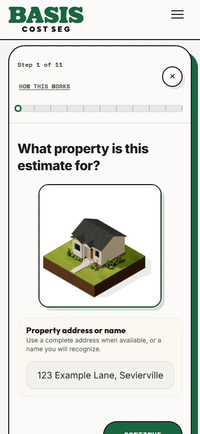 Basis estimate on a phone, with a property illustration and one address field