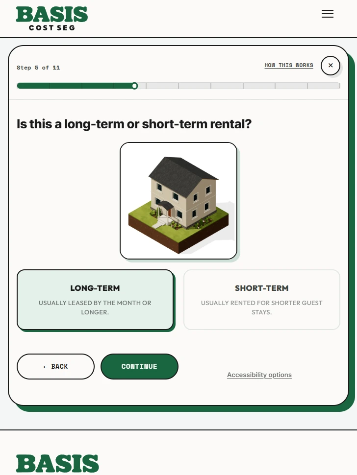Basis estimate on a tablet, showing visual rental-type choices and progress