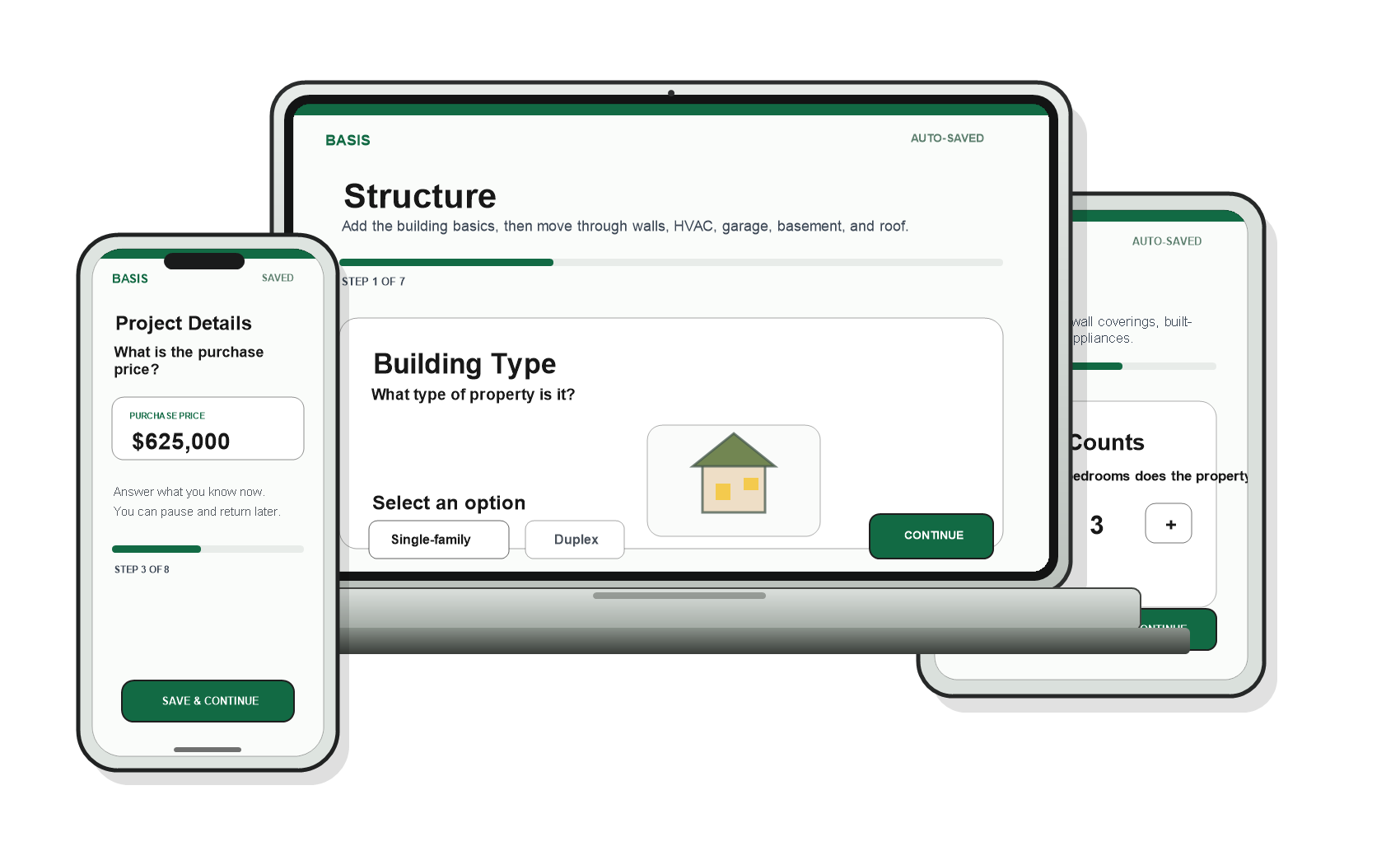Basis intake workflow questions shown on phone, laptop, and tablet screens.