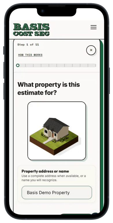 Basis Estimate step 1 property details on a phone.