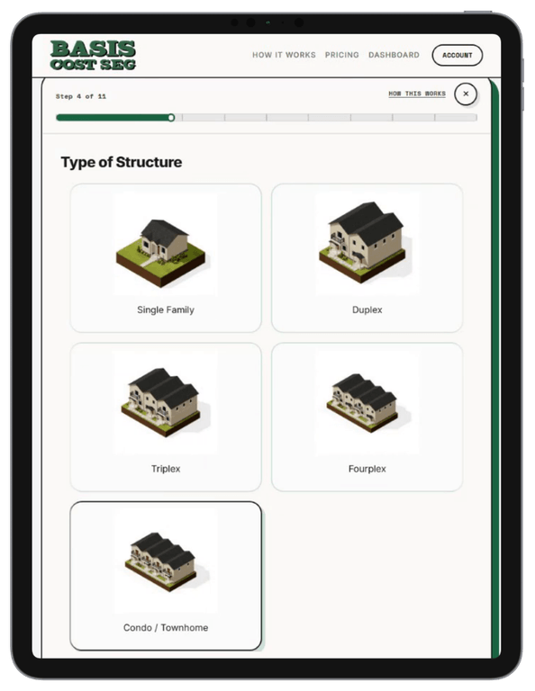 Basis Estimate rental-type selection on a tablet.