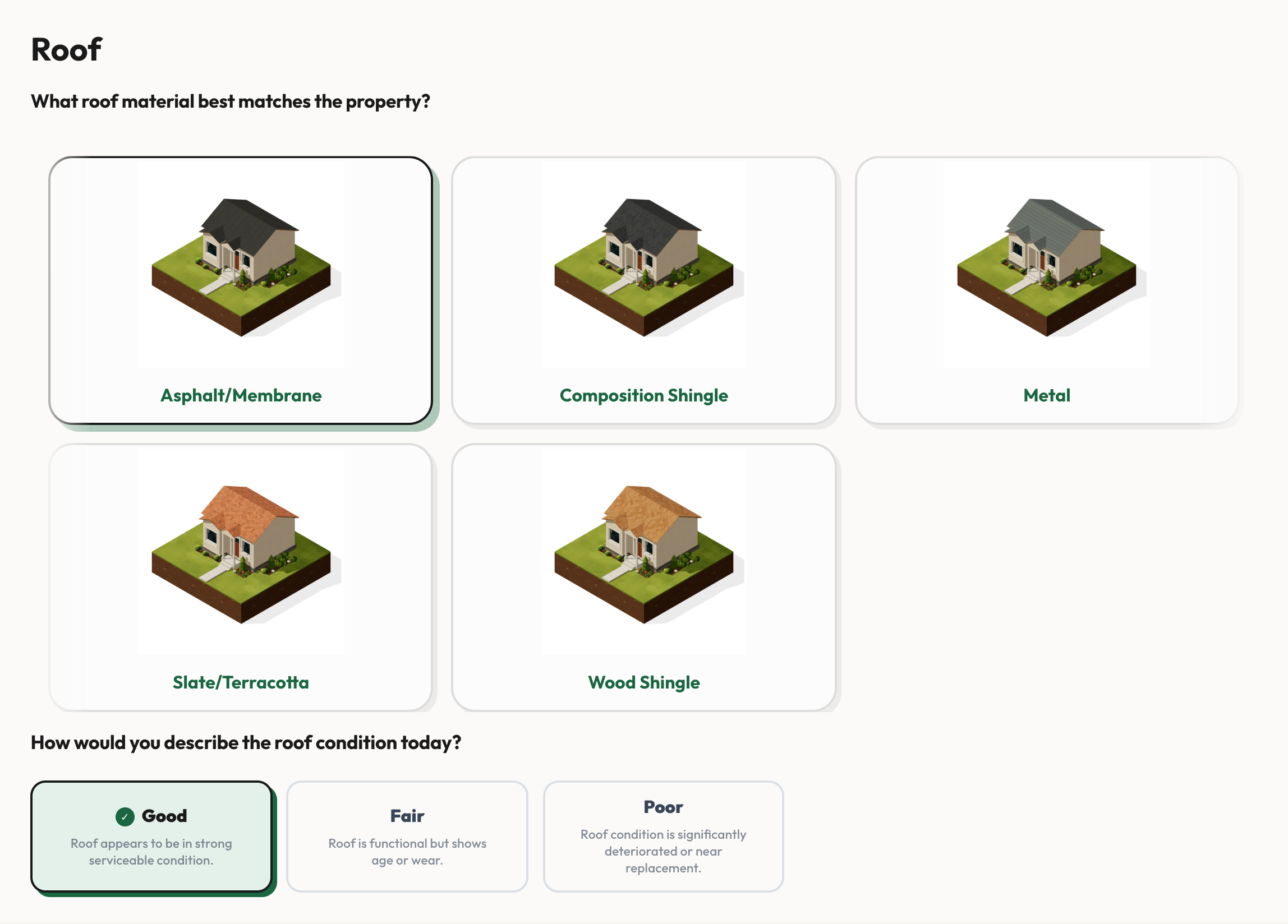 Actual Basis roof questions with material options, property scenes, and roof-condition controls
